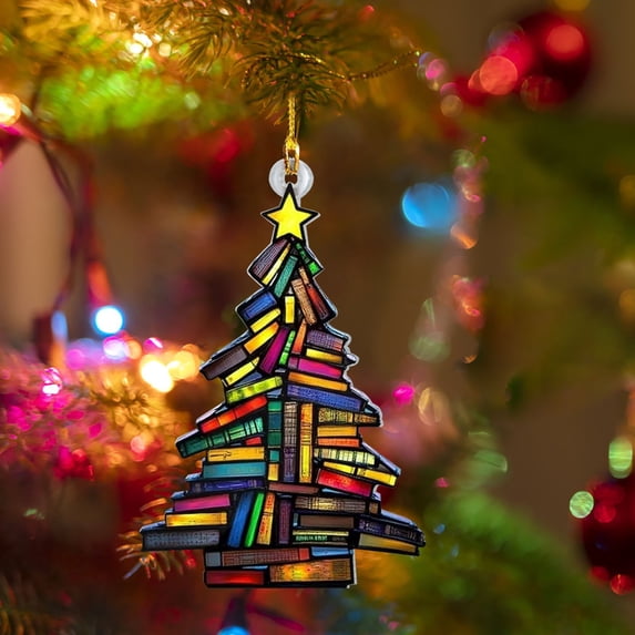 Stack of Books Christmas Ornament 2026, Tree Ornament Bookish Gifts for Book Lovers, Librarians, Reader, Bookworm, 2D Acrylic Book Themed Present Ideas for Women