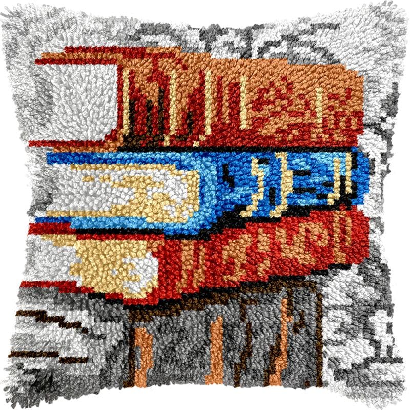 Stack of Books Latch Hook Pillow Kits Cushion Pillowcase with Pattern Printed Canvas Sofa Hooking Pillows Crafts Embroidery Latch Hooking Crochet Kits 17x17 inch(61)