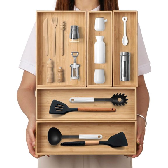 Stack  Drawer Organizer Set of 5, Kitchen Utensil, Flatware&Silverware Organizer- Laminated Stackable for Kitchen, Bedroom, 13.4''x4.5''*2+10.2''x3.3''*2+10.2''x6.7''*1