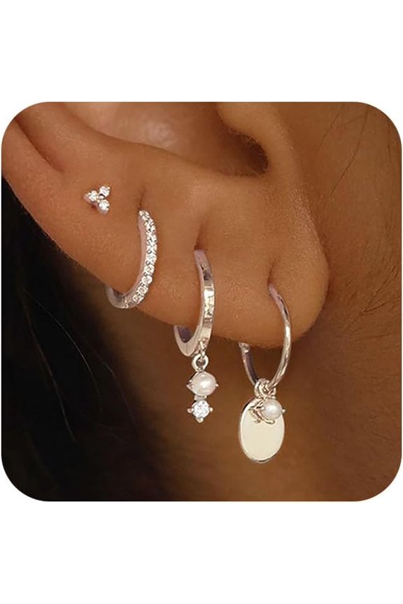 Stack Earrings For Women,Dainty 14K Gold Plated Pearl Hoop Huggie Earring Set Cute Chain Cartilage Earring Stack Trendy Hypoallergenic Long Drop Stud Earrings Jewelry