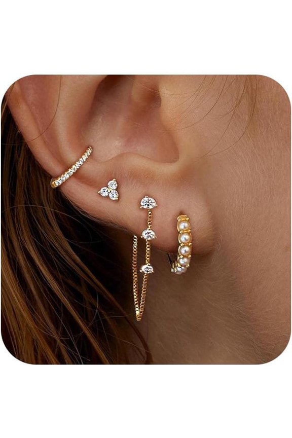 Stack Earrings For Women,Dainty 14K Gold Plated Pearl Hoop Huggie Earring Set Cute Chain Cartilage Earring Stack Trendy Hypoallergenic Long Drop Stud Earrings Jewelry