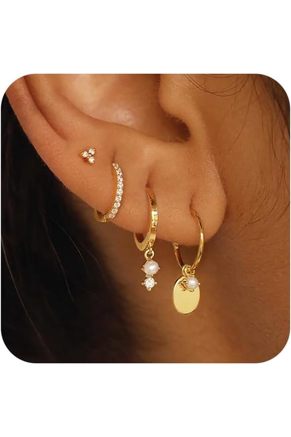 Stack Earrings For Women,Dainty 14K Gold Plated Pearl Hoop Huggie Earring Set Cute Chain Cartilage Earring Stack Trendy Hypoallergenic Long Drop Stud Earrings Jewelry