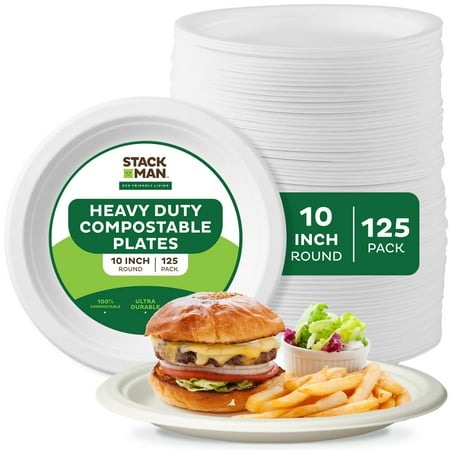 Paper Plates, Compostable Heavy Duty Disposable 10 Inch Dinner Plate - (125-Pack])- (PFAS-Free) - (BPI Certified)-Eco-Friendly, Biodegradable White Bagasse 10" Plates