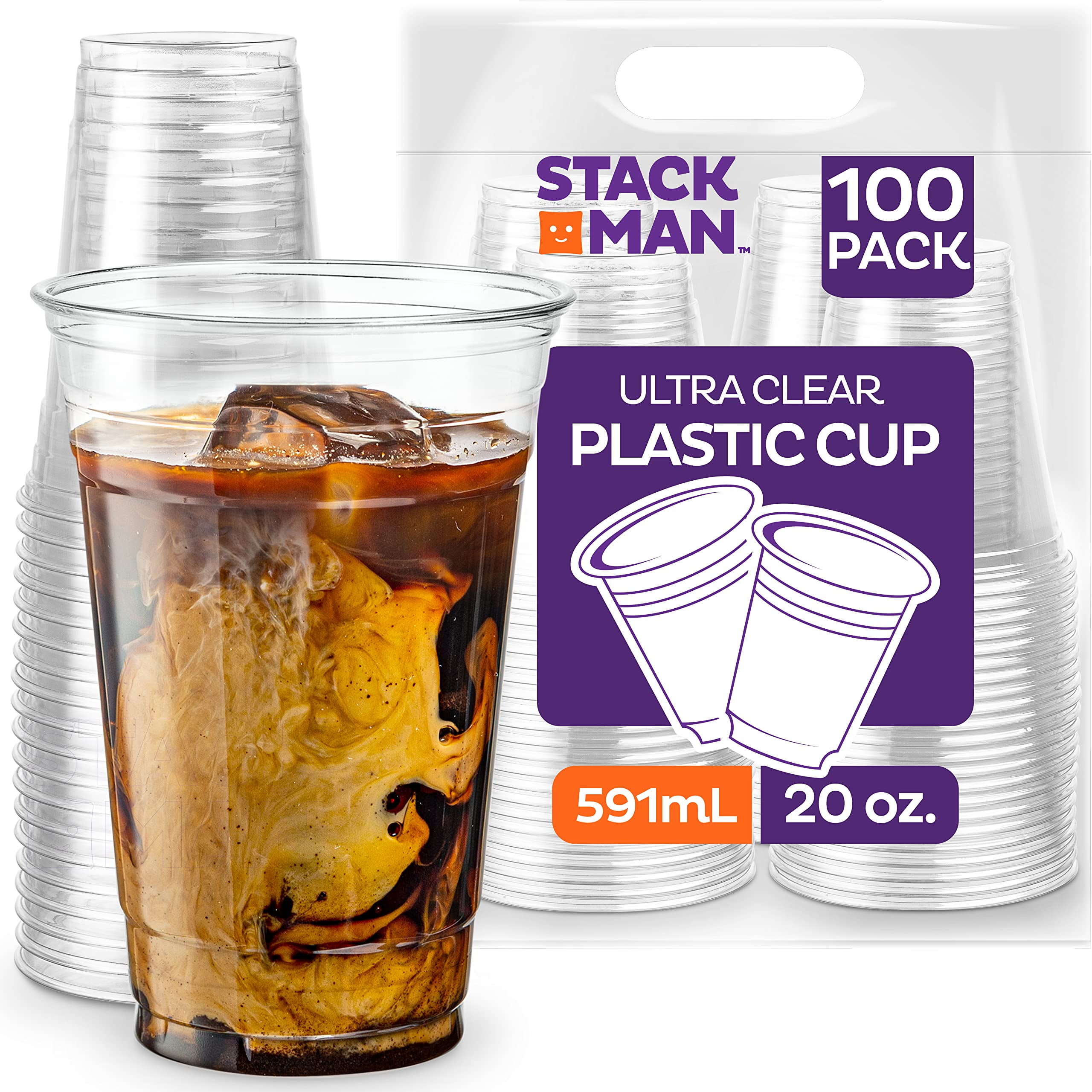 Stack Man [100 Pack 20 oz.] Clear Disposable Plastic Cups PET Crystal