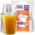 thumbnail image 1 of Stack Man [100 Sets - 16 oz.] Clear Plastic Cups with Straw Slot Lid, PET Crystal Clear Disposable Plastic Cups with lids, 1 of 4