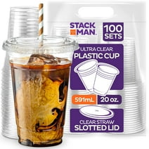 Stack Man [100 Sets - 20 oz.] Clear Plastic Cups with Straw Slot Lid, PET Crystal Clear Disposable 20oz Plastic Cups with lids