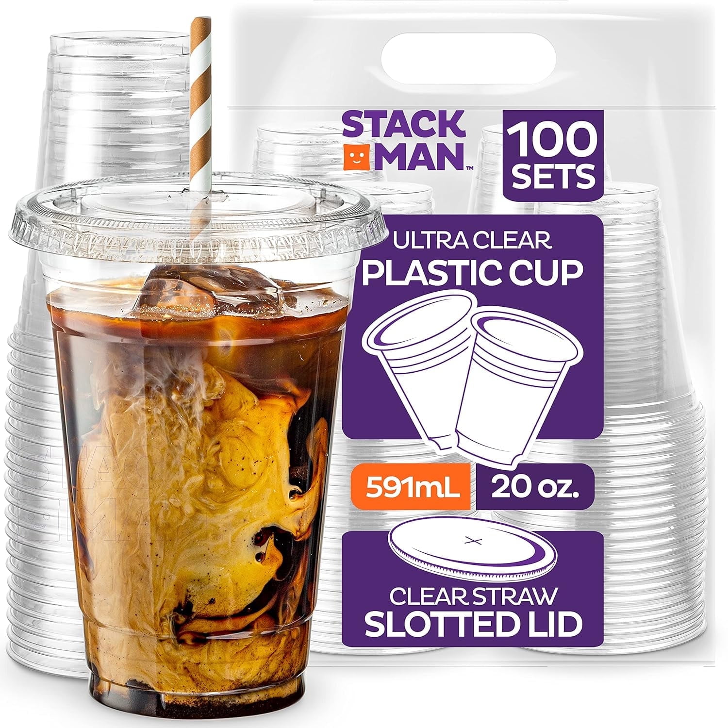 Stack Man 20 Oz Clear Plastic Cups with Straw Slot Lids - 100 Sets Bulk ...