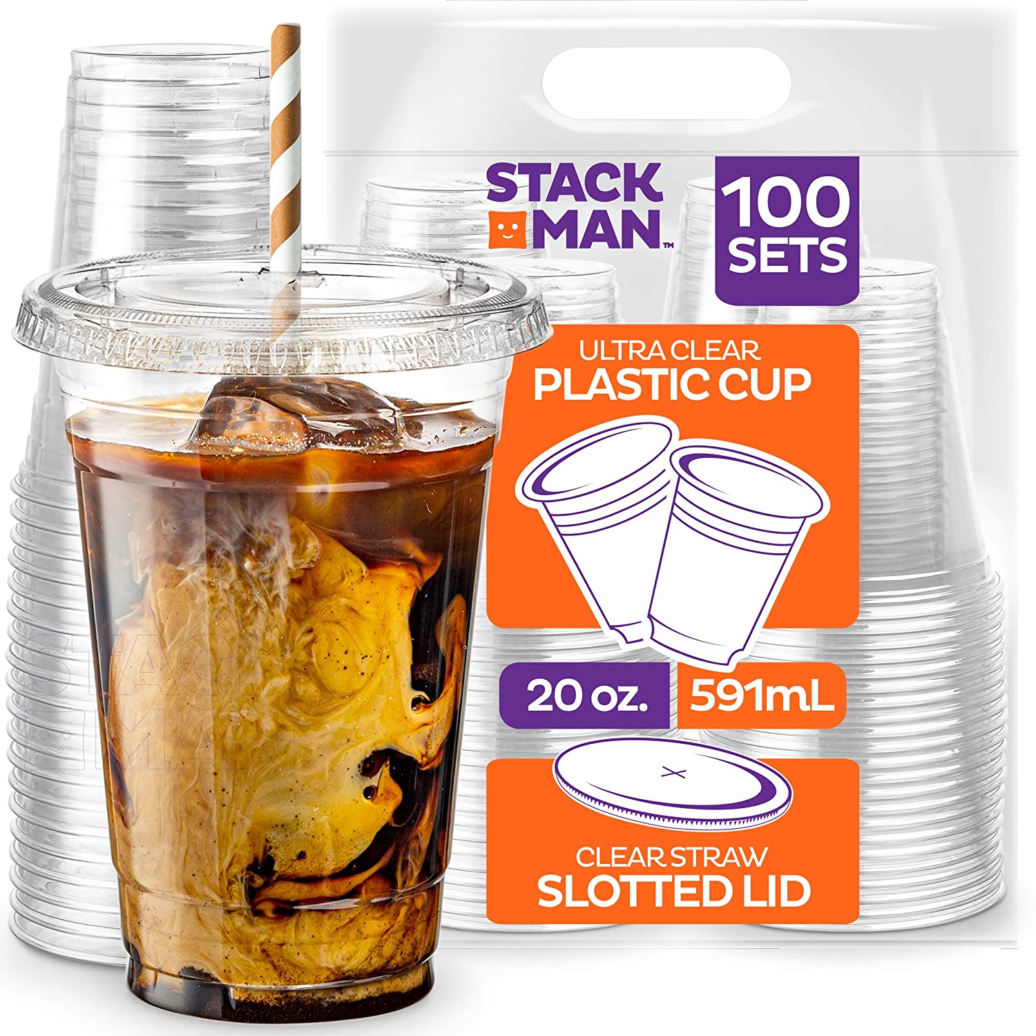 Stack Man [100 Sets - 20 oz.] Clear Plastic Cups with Straw Slot Lid ...
