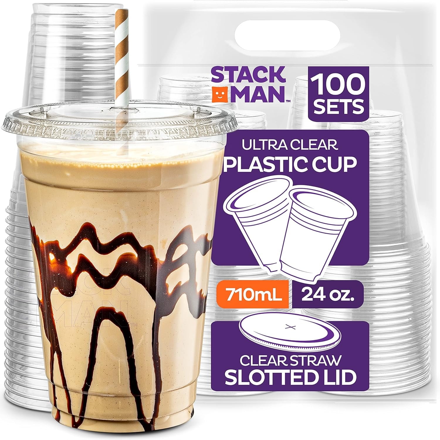 Stack Man Clear Plastic Cups with Lids 24 oz [100 Sets] Disposable Iced ...
