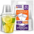 thumbnail image 1 of Stack Man 12 oz Clear Plastic Cups with Strawless Sip-Lids [50 Sets] Disposable Plastic Cups with Lids Crack Resistant, 1 of 5