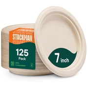 Stack Man Paper Plates, 100% Compostable Heavy Duty, Disposable 7 Inch, Small Dessert Plate - [125-Pack] Eco-Friendly, Biodegradable Bagasse Natural Brown 7" Small Plates