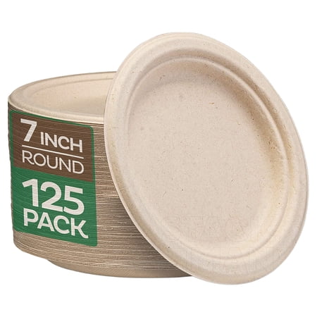 100% Compostable 7 Inch Paper Plates [125-Pack] Heavy-Duty Plate, Natural Disposable Bagasse Plate, Eco-Friendly Made of Sugarcane Fibers-Natural Unbleached Brown 7" Biodegradable Plate by Stack Man