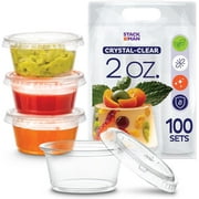 Stack Man Clear Plastic Condiment Containers With Lids (100 Sets - 2 oz.) Disposable Portion Containers, Jello Shot Cups, Snack Portion Cups