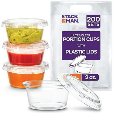 Stack Man Clear Plastic Condiment Containers With Lids (200 Sets - 2 oz.) Disposable Portion Containers, Jello Shot Cups, Snack Portion Cups