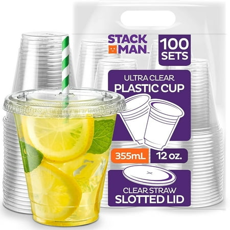 Stack Man Clear Plastic Cups with Lids 12 oz [100 Sets] Disposable Iced Coffee Cups with Straw Lids