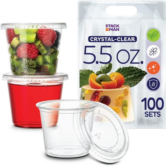 Stack Man Clear Plastic Condiment Containers With Lids (100 Sets - 5.5 oz.) Disposable Portion Containers, Jello Shot Cups, Snack Portion Cups
