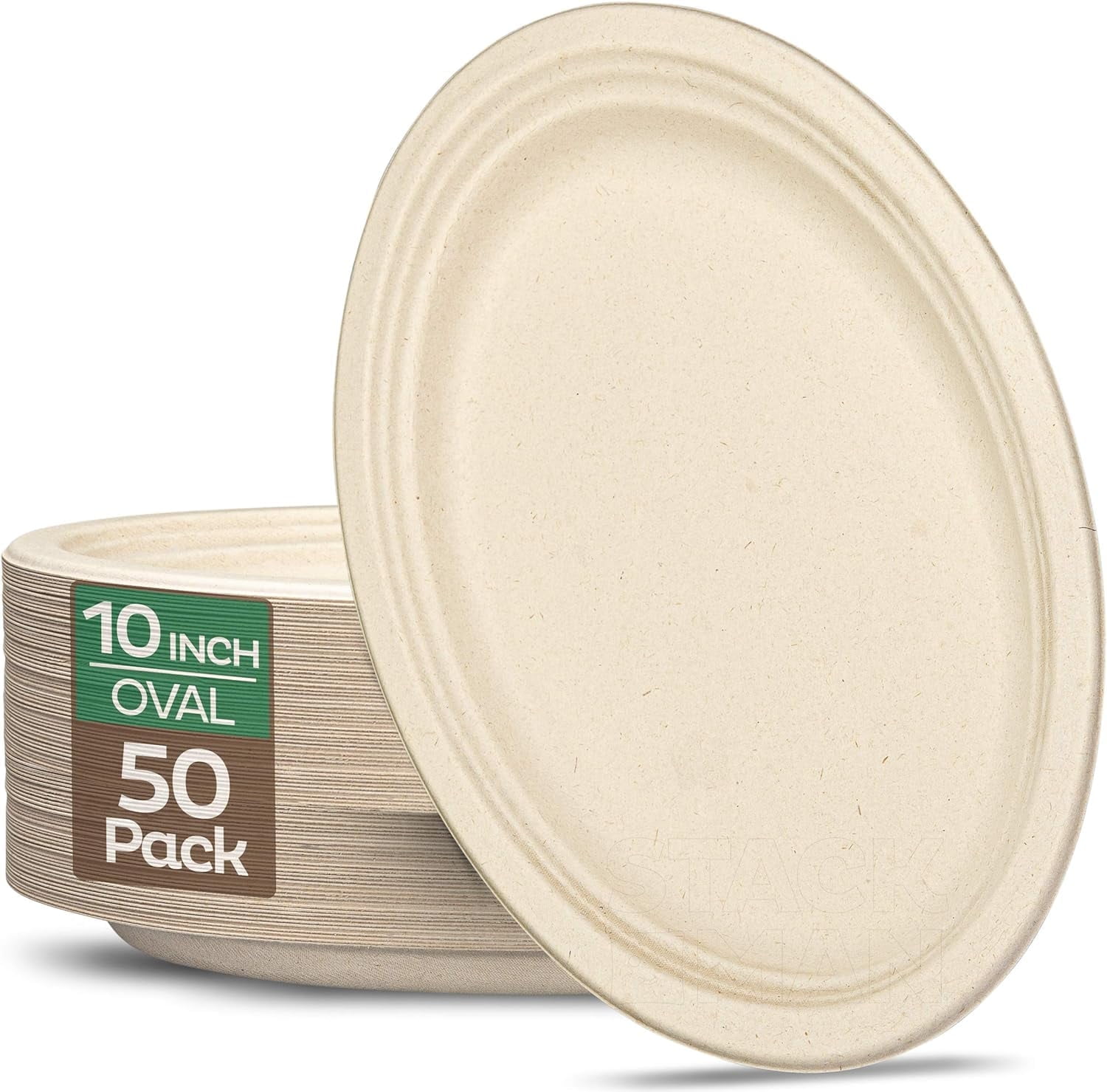 Stack Man Compostable Oval Paper Plates [10 Inch] [50Pack] Heavy