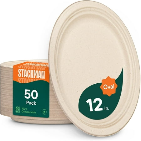 Stack Man Compostable Oval Paper Plates [12.5 Inch] - [50-Pack] Heavy Duty, Eco-Friendly, Biodegradable Paper Party Platters