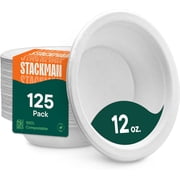 Stack Man 100% Compostable Disposable Paper Bowls [125-Pack] BPI Certified - [12 oz] Heavy Duty, Eco-Friendly, Biodegradable Bagasse Hot Soup Bowls - Thick White 12oz Bowl Plates