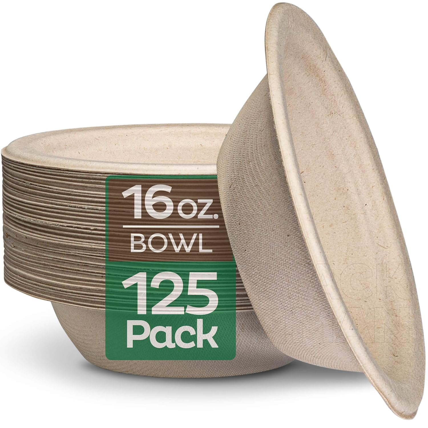 Stack Man Paper Bowls, Compostable Disposable Soup Bowl [125-Pack]- [16 oz] Heavy Duty, Eco-Friendly