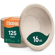 Stack Man Paper Bowls, 100% Compostable Disposable Soup Bowl [125-Pack] BPI Certified - [16 oz] Heavy Duty, Eco-Friendly, Biodegradable Bagasse Hot Food Plates and Bowls - Natural Brown