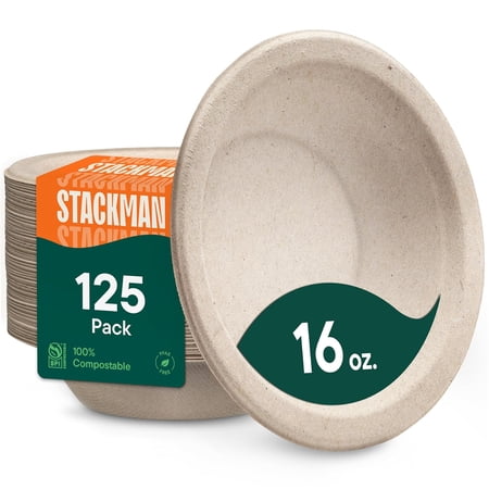 Stack Man Paper Bowls, 100% Compostable Disposable Soup Bowl [125-Pack] BPI Certified - [16 oz] Heavy Duty, Eco-Friendly, Biodegradable Bagasse Hot Food Plates and Bowls - Natural Brown