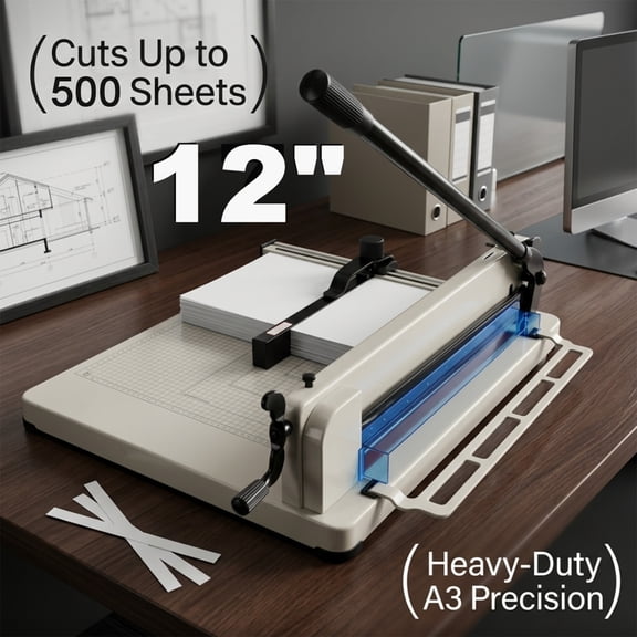 Thick Paper Cutter 12 inch A4 Guillotine Paper Cutter, Stack Paper Trimmer, 500 Sheet Capacity, Solid Steel Construction, Anti-Slip Clamp for Secure Cutting for Office, Print Shop & Home