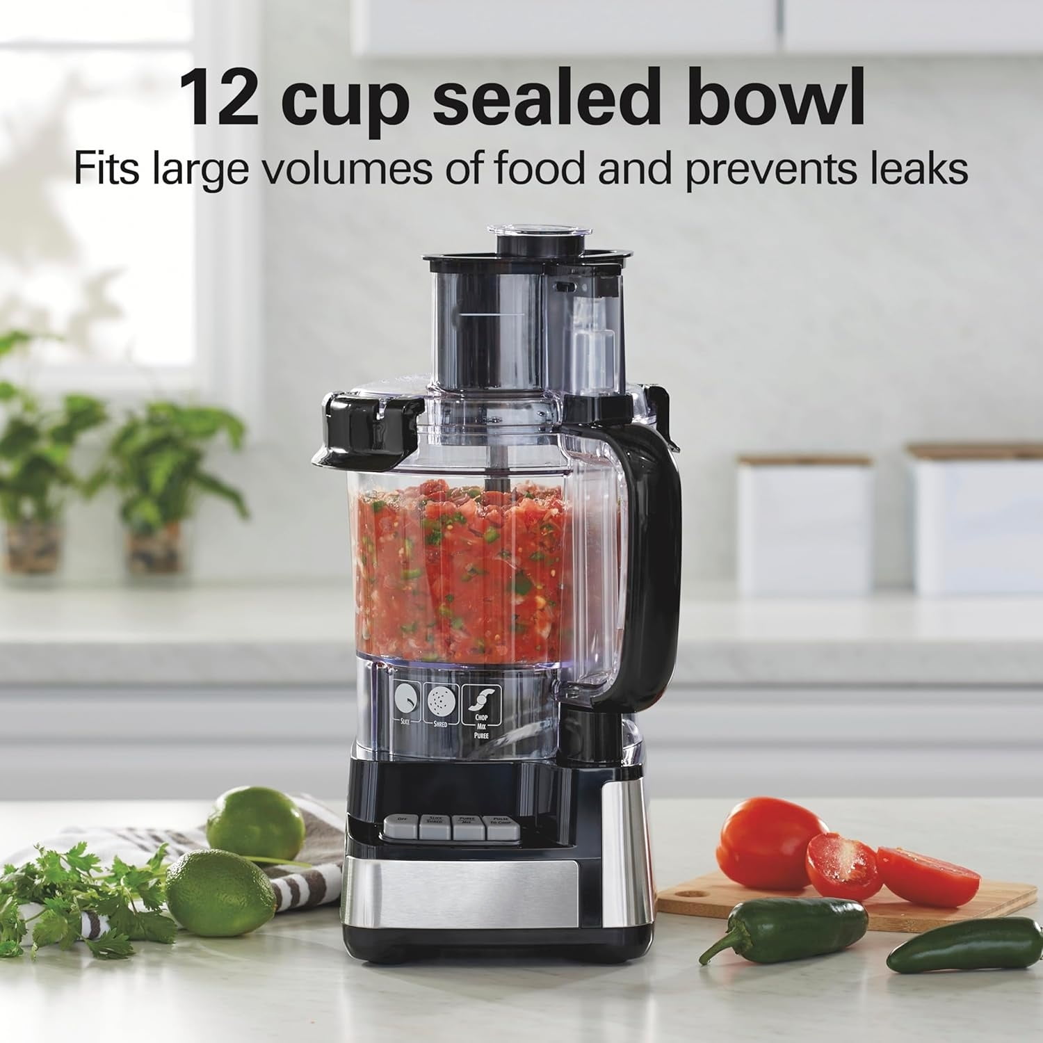 Stack & Snap Food Processor and Vegetable Chopper, BPA Free, Stainless Steel Blades, 12 Cup Bowl, 2-Speed 450 Watt Motor, Black