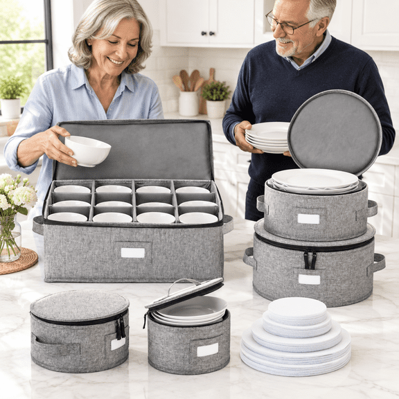 Stack Store Plmore Storset For Plates Cups And Mugs - 5 Pc Hard Shell Stackable Fully Padded Interior 48 Plate Dividers Included