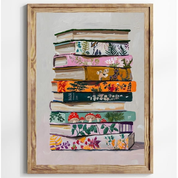 Stack of Books Pastel Flora Book Lover Poster Bookworm Bookish Wall Art Flowers Books 3, Unframed Paper Poster 8x10in