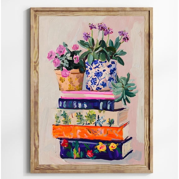 Stack of Books Pastel Flora Book Lover Poster Bookworm Bookish Wall Art Flowers Books, Unframed Paper Poster 8x10in