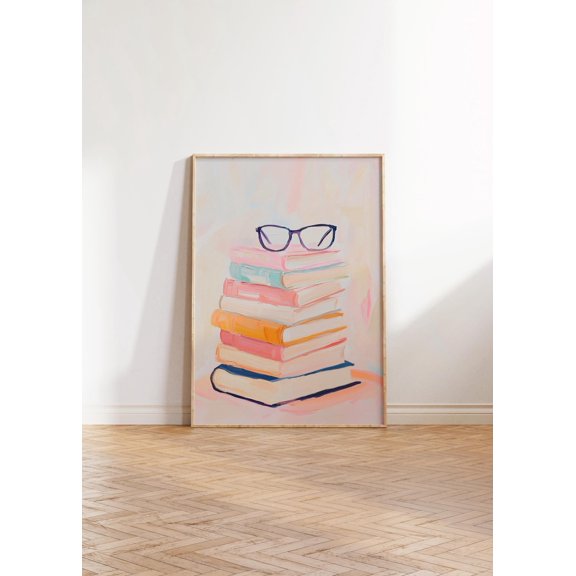 Stack of Books Wall Art Book Lover Print Bookworm Pastel Printable Reading Decor Library Apartment, Unframed Canvas 8x10in