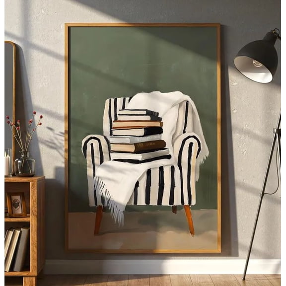 Stack of Books on Chair Print Poster, Cozy Reading Nook Wall Art Poster Size 24''x36''-Gategoo