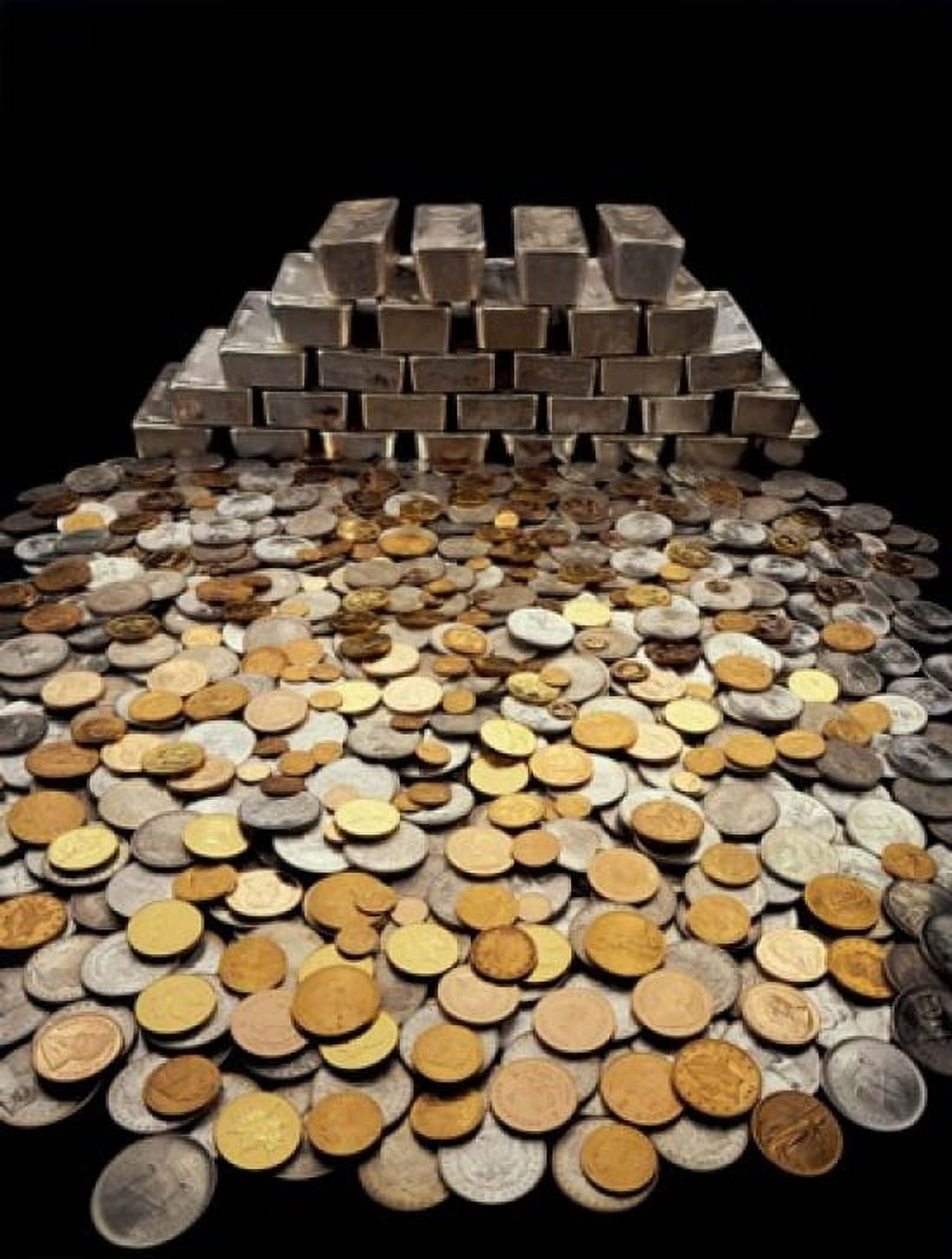 Stack of sliver ingots and pile of coins Canvas Art - Panoramic Images (24 x 36)