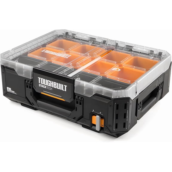 StackTech Storage Organizer, Clear-Top Modular Tool Box with Auto-Locking System, IP65 Protection & Customizable Bins (TB-B1-O-30)