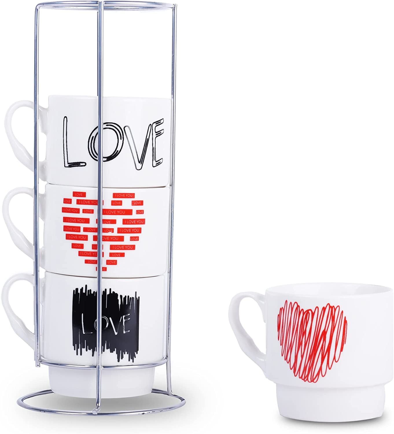 Stackable 11 oz Coffee Cups With Stand Love Designs - Set of 4