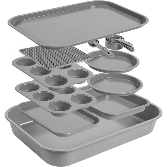 Stackable 11-piece Nonstick Bakeware Pan Set Carbon Steel with 6-Cup Muffin Pan Cookie Sheet Round Cake Pan Roaster Pan Brownie & Small Oven Tray Oven Pad Mitt & Measuring Cup Set