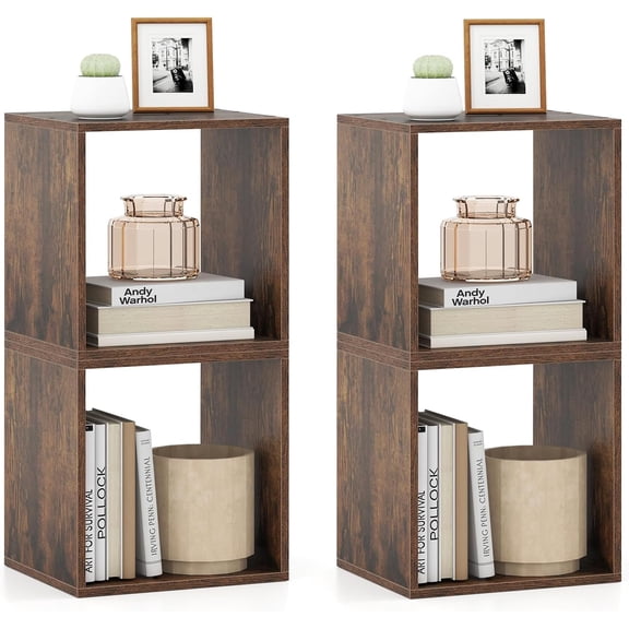 Stackable 2-Cube Storage Organizer Bookcase, Rustic Brown Combinable Record Player Stand for Living Room