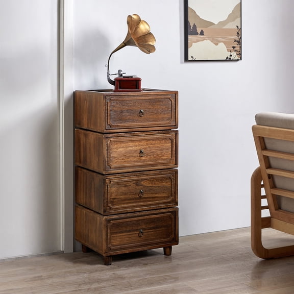Stackable 2 Drawers End Table Set of 2 Modular Organizer Wooden Cabinet Dorm Walnut