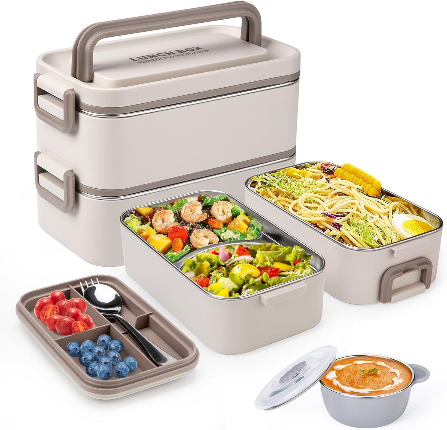 Stackable 2 Layer 304 Stainless Steel Bento Box Lunch Container with Soup Bowl, Spoon & Fork (2 Pack)
