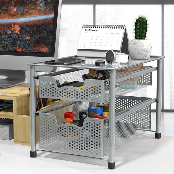 Stackable 2 Tier Sliding Basket Organizer Drawer, Silver