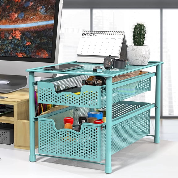 Stackable 2 Tier Sliding Basket Organizer Drawer, Turquoise