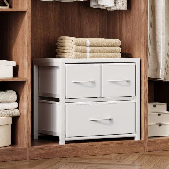 Stackable 3-Drawer Fabric Dresser with Waterproof Wood Top Closet Organizer & Storage Drawers for Bedroom, Modern Metal Frame Design (2 Tier-1 Pack)