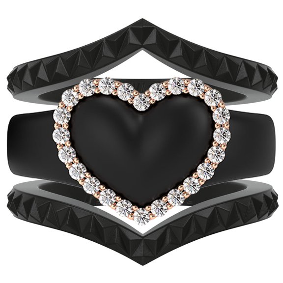 Stackable 3-Piece Ring Set - Women's Heart Metal Frame & CZ Stones Collection