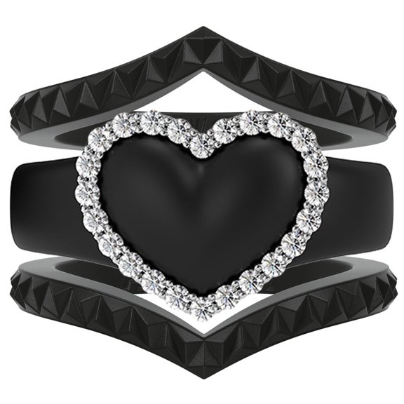 Stackable 3-Piece Ring Set - Women's Heart Metal Frame & CZ Stones Collection