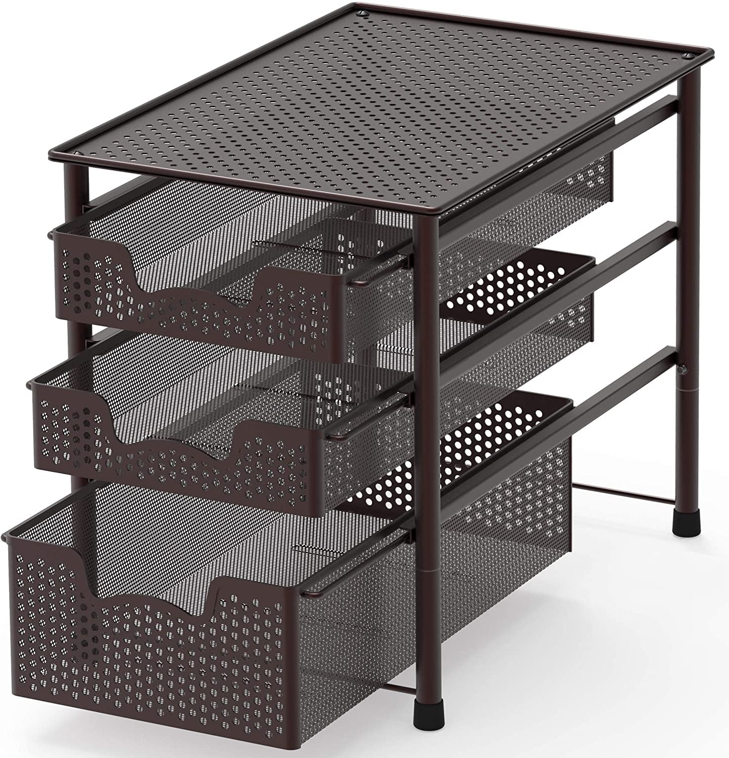 Stackable 3 Tier Sliding Basket Organizer Drawer, Bronze Finish, Kitchen Storage Rack, Space Saving Drawer Organizer, Adjustable Storage Solution