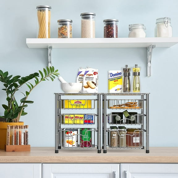 Stackable 3 Tier Sliding Basket Organizer Drawer, Chrome - Space-Saving Storage Solution