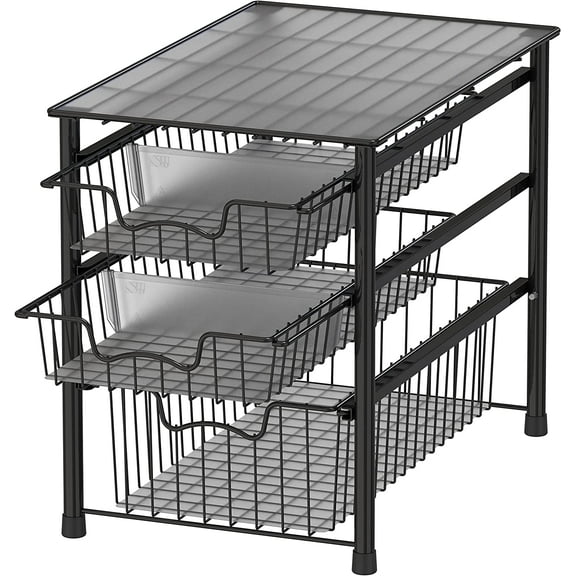 Stackable 3 Tier Sliding Basket Organizer Drawer, Kitchen Cabinet Storage, Black Metal Wire Baskets, Space Saving Pantry Organizer