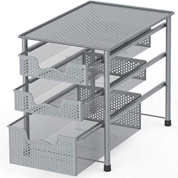 Stackable 3 Tier Sliding Basket Organizer Drawer Silver