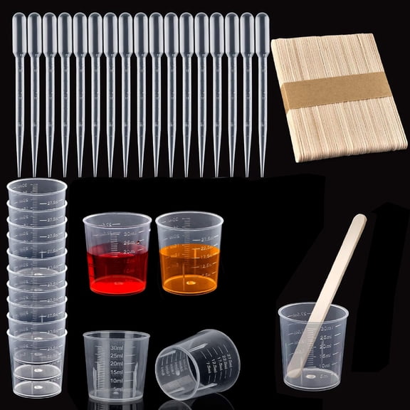 30ml (1oz) Liquid Measuring Cups,Bexikou 10-Pack Clear Kitchen Cups with 50 Pcs Sticks & 50 Pcs 3ml Transfer Pipettes,Mini Plastic Graduated Beakers for Kitchen, Lab, Crafts